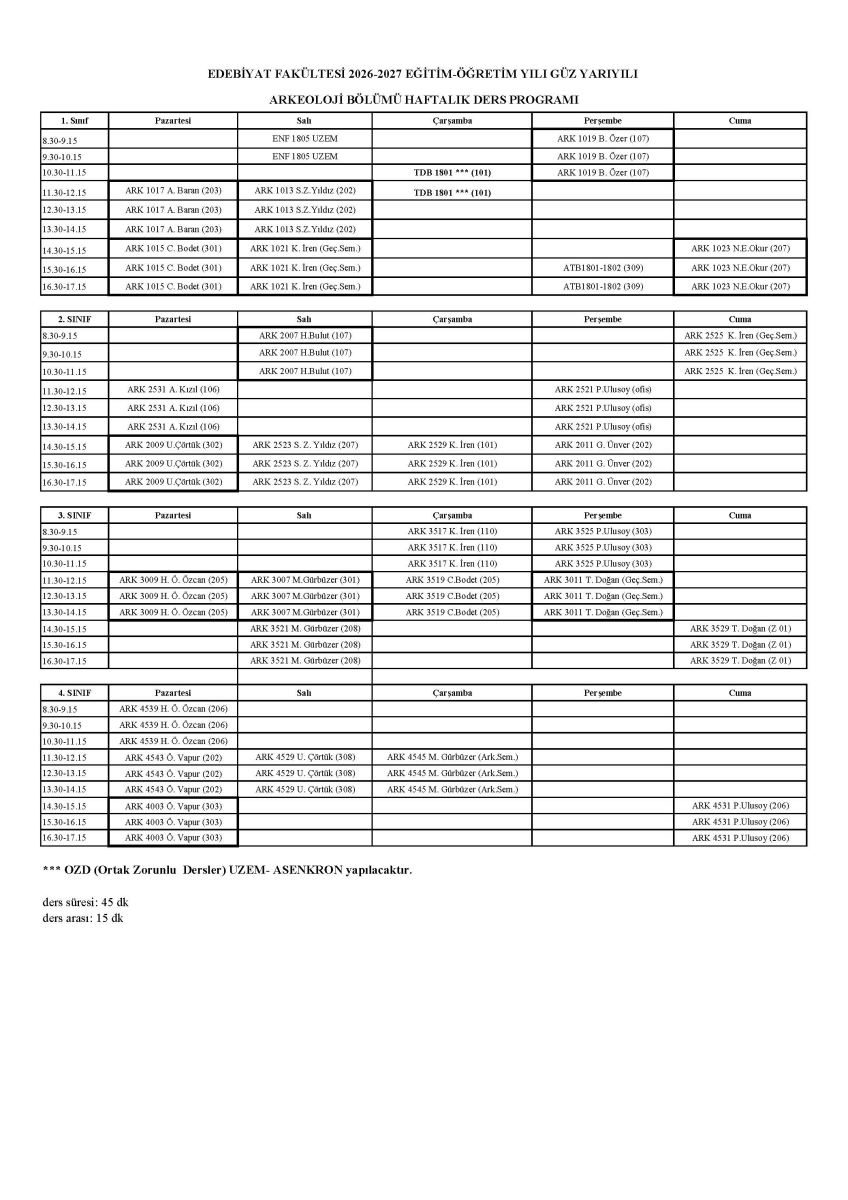 2026-2027 Eğitim-Öğretim Yılı Güz Yarıyılı Lisans Ders Programı